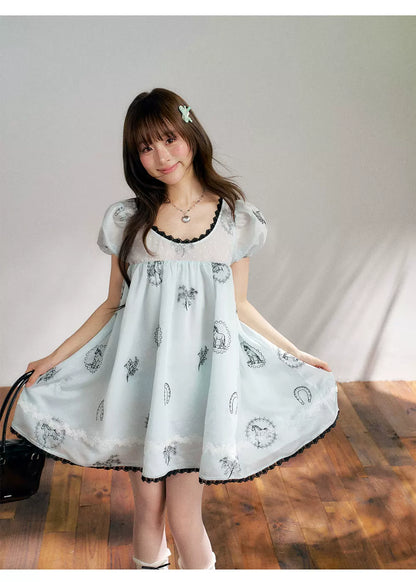 “Brown Sugar Fairytale” Blue Embroidered Puff Sleeve Dress