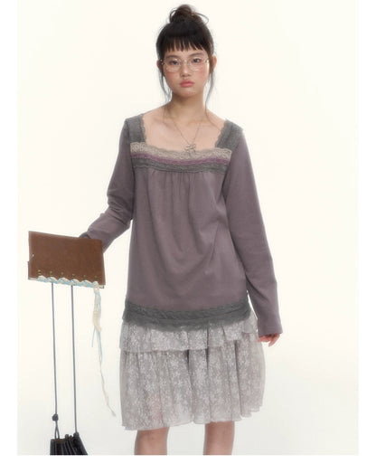 Gray Purple Lace-Trimmed Square-Neck Long-Sleeve T-Shirt