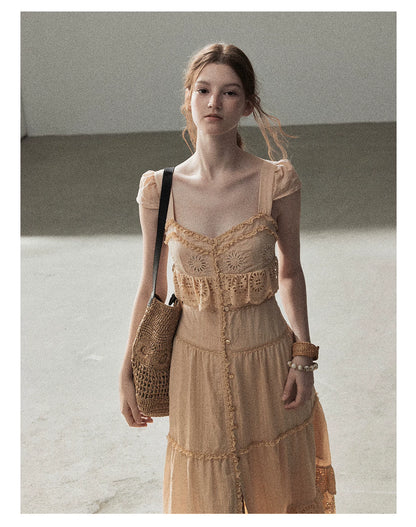 "Where May Meets the Sea" Cinnamon Pink Ruffle Tiered Maxi Dress