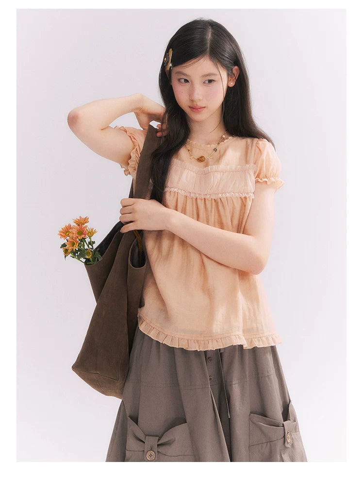 “Orange Soda” Seashell Orange Mesh Panel Puff Sleeve Top
