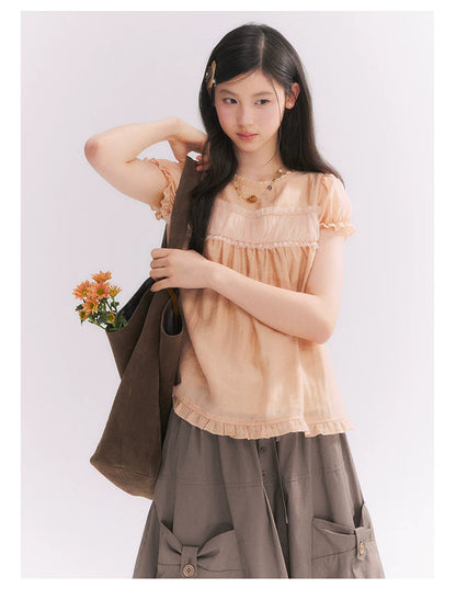 “Orange Soda” Seashell Orange Mesh Panel Puff Sleeve Top