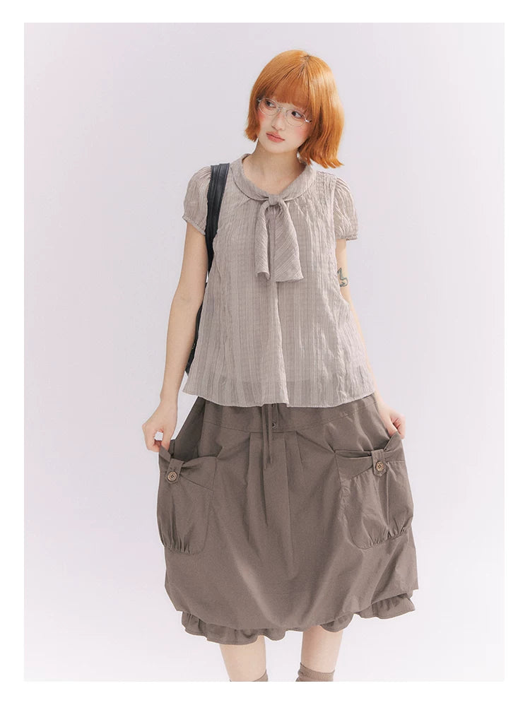 “Formatted Memories” Gray Plaid Textured Bow Tie Puff Sleeve Blouse
