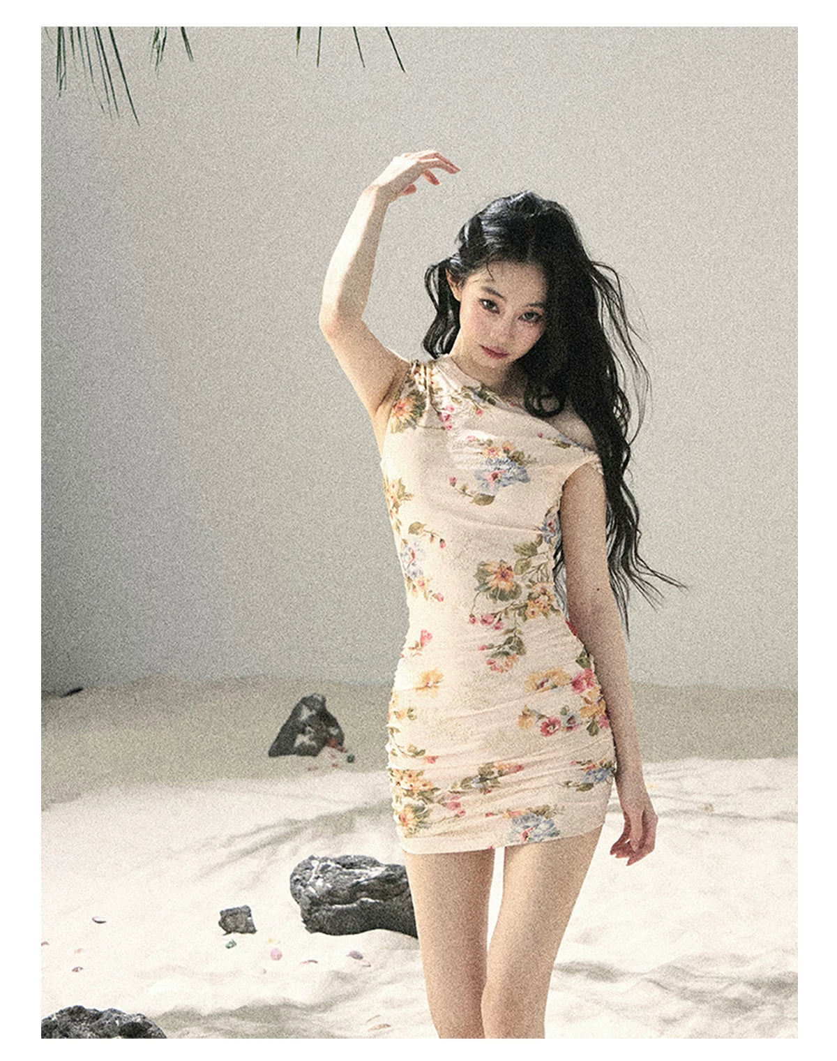 "Waiting for Blossoms" Dutch Cream Floral Ruched Mini Dress 43236