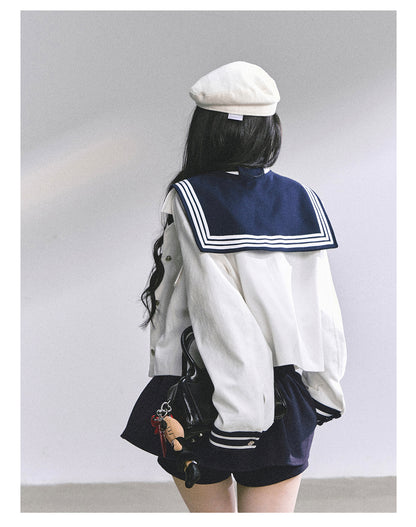 少也眼 "New York Art Museum" Detachable Sailor-Collar Denim Jacket 5764567