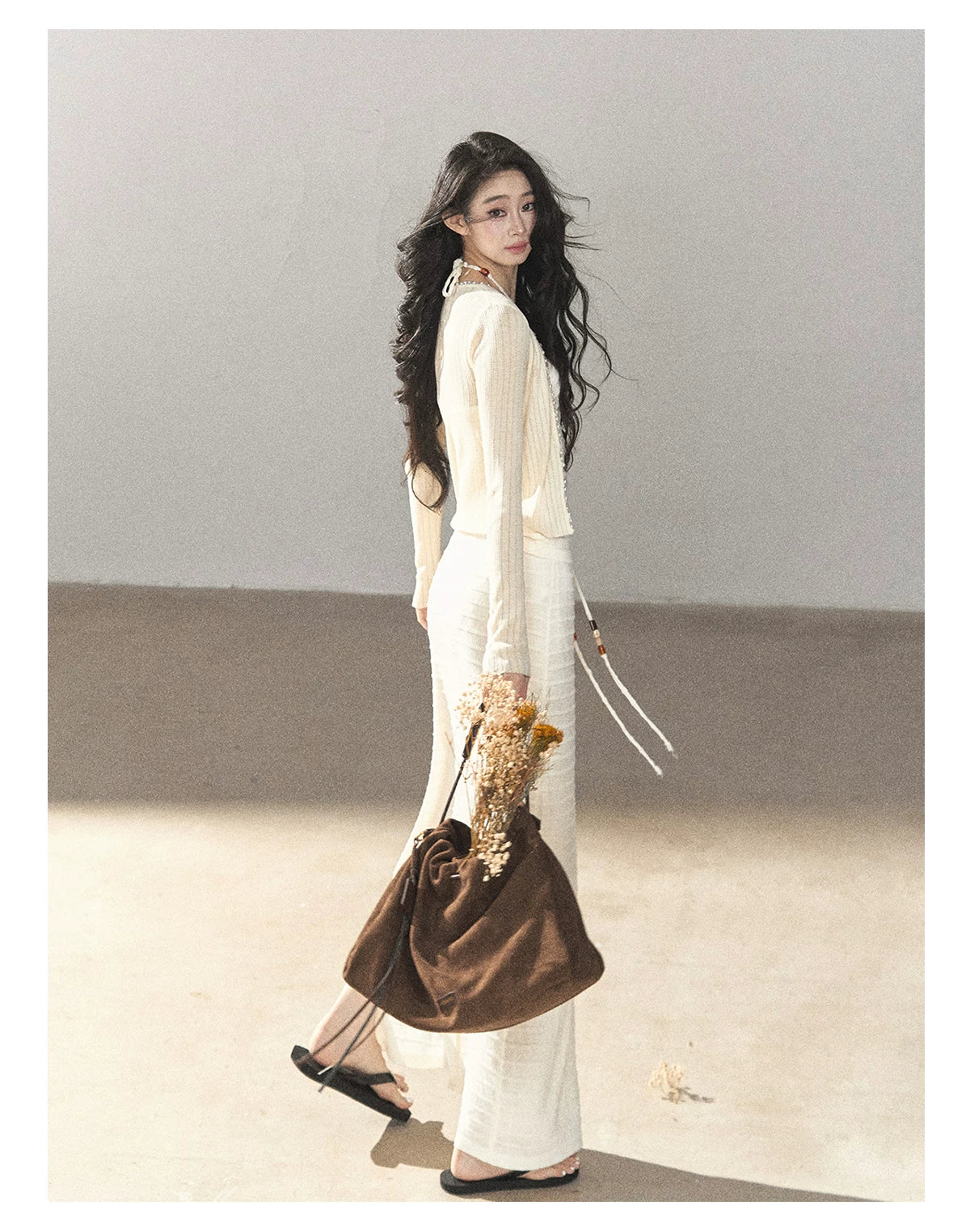 AOMALM - Creamy Ivory Convertible Knit Tube Top & Maxi Skirt Set