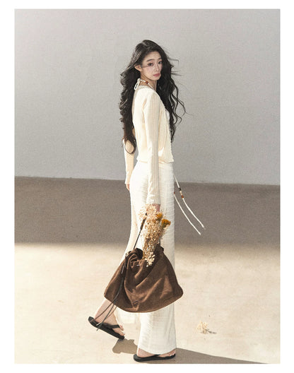 AOMALM - Creamy Ivory Convertible Knit Tube Top & Maxi Skirt Set