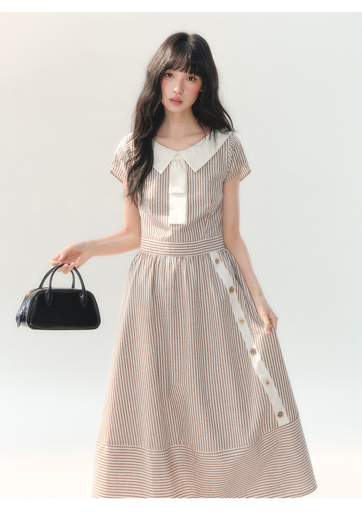 [CAN] "Coffee Meets Cream" Mocha Stripe Bow Collar Dress