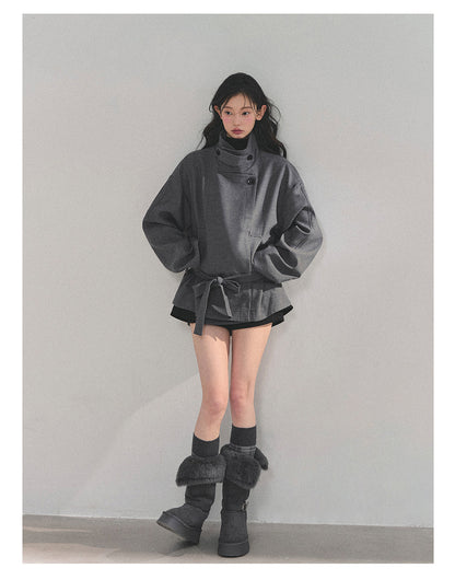 少也眼 “First Snow, Softened” Hepburn-Style Winter Trench Coat - Gray 941615