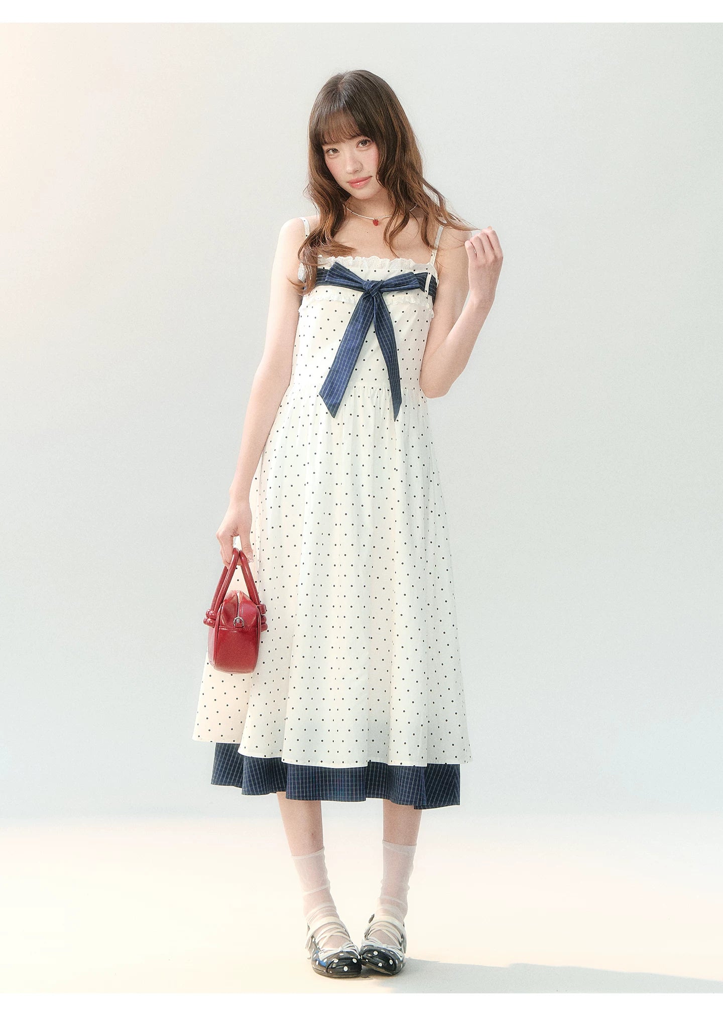 "Soft Mist Cream Puff" White Polka Dot Cami Dress LL2026207