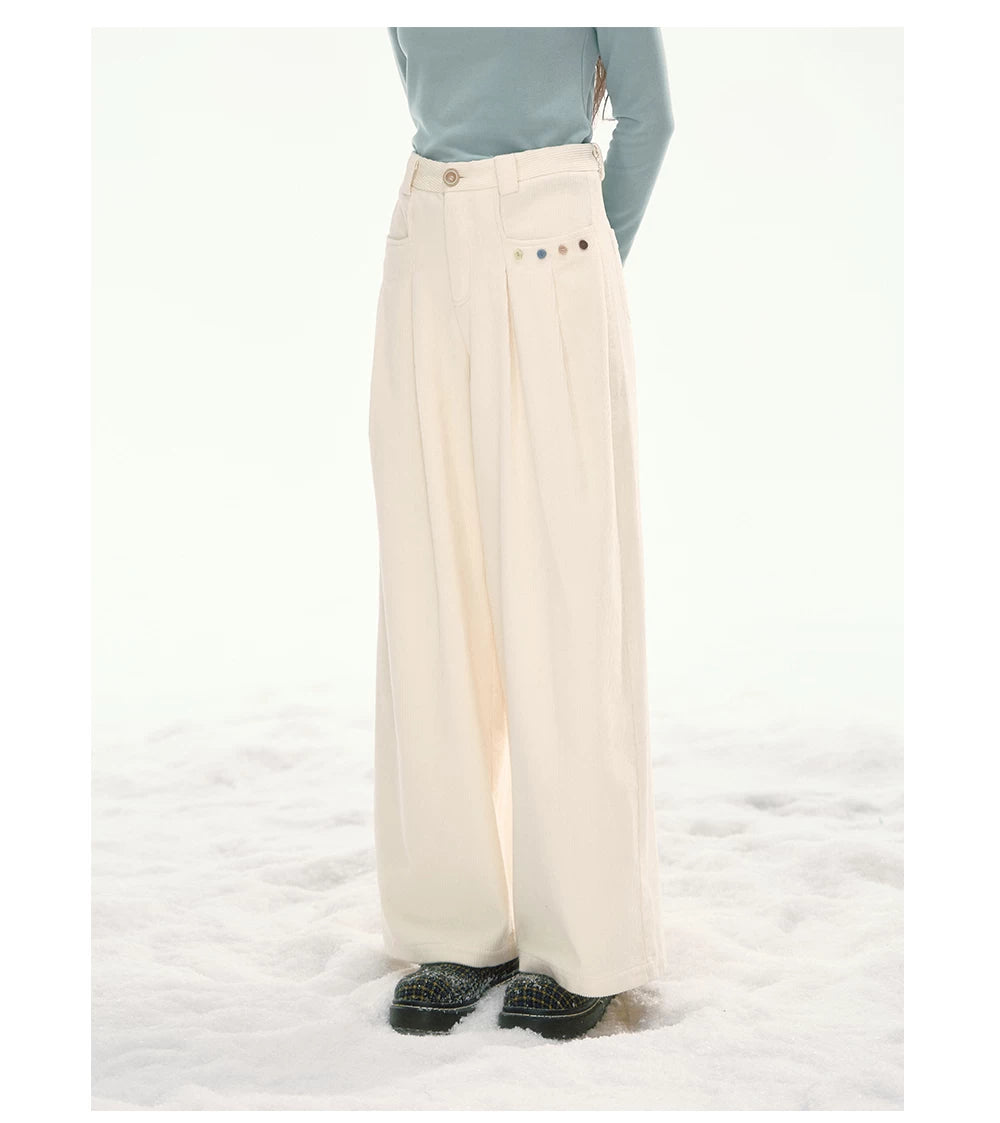 CANSTORE - "Bean Paste & White Peach" Ivory Corduroy Wide-Leg Trousers