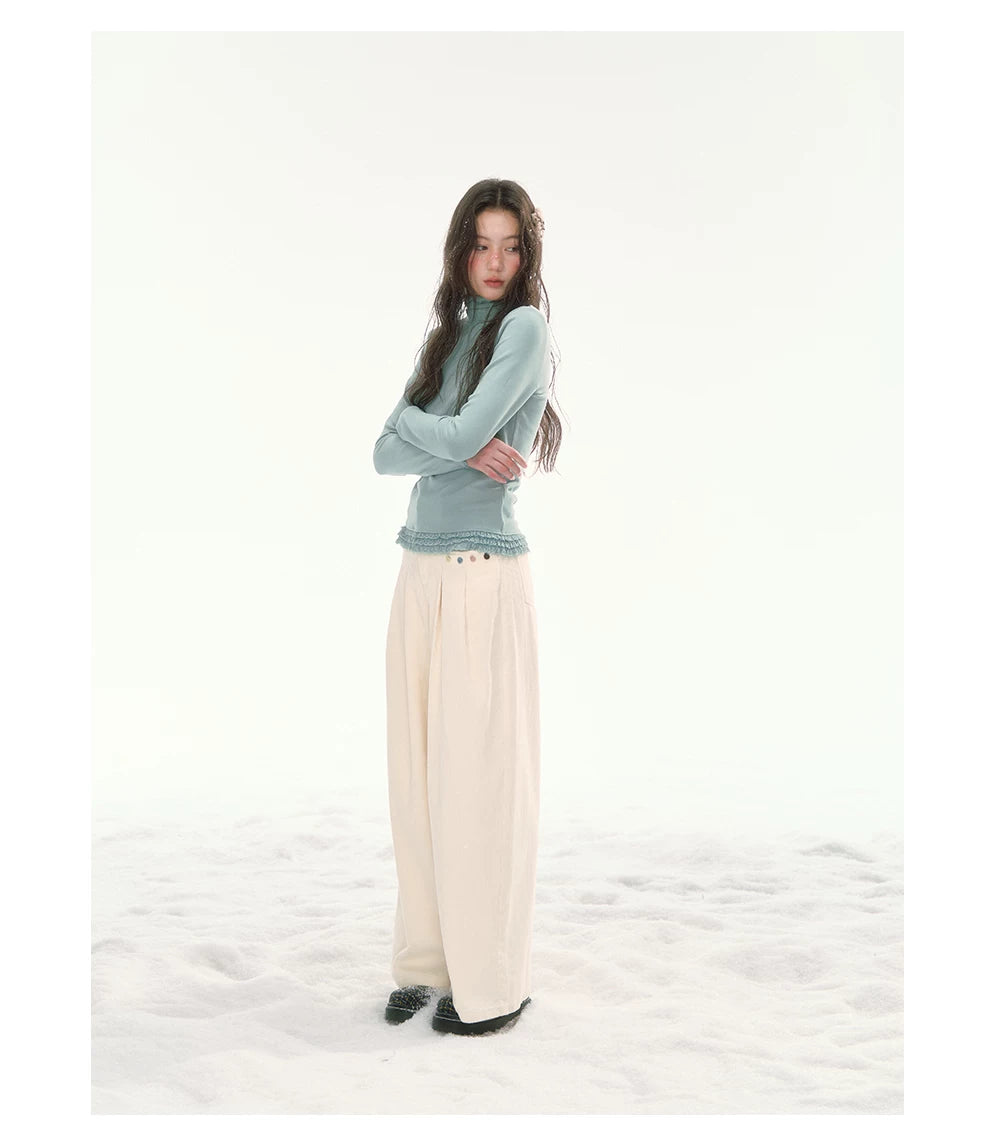 CANSTORE - "Bean Paste & White Peach" Ivory Corduroy Wide-Leg Trousers