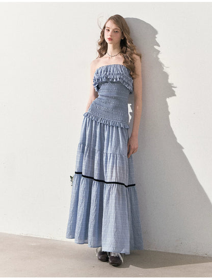 "Twilight Verses" Misty Blue Smocked Ruffle Maxi Dress