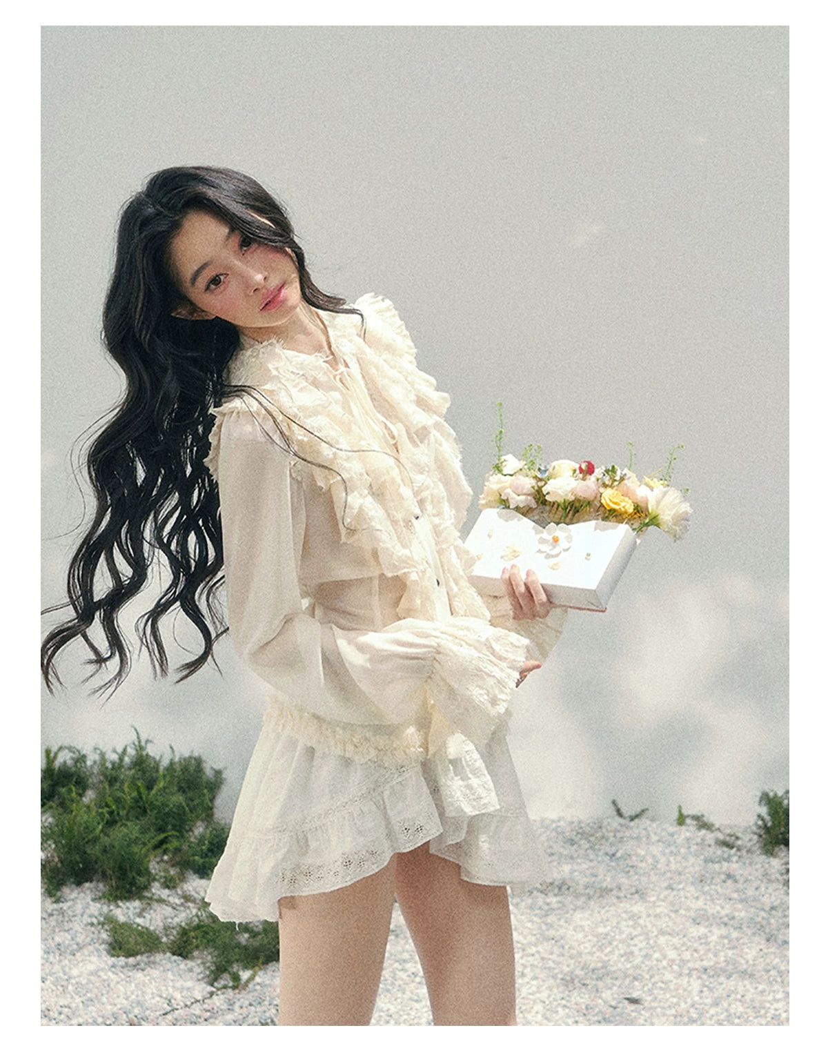 “Memory in Bloom” French Court Lace Flare Sleeve Top