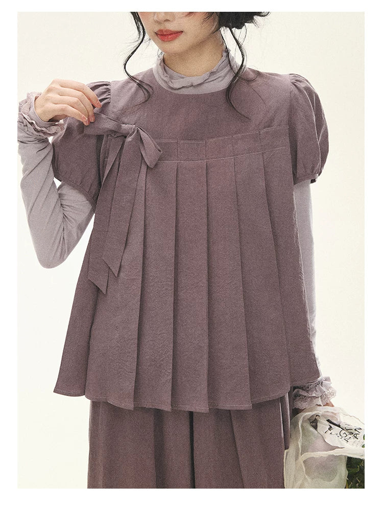 "Whispers Between Pleats" Gray Grape Purple Pleated Top & Maxi Skirt Set