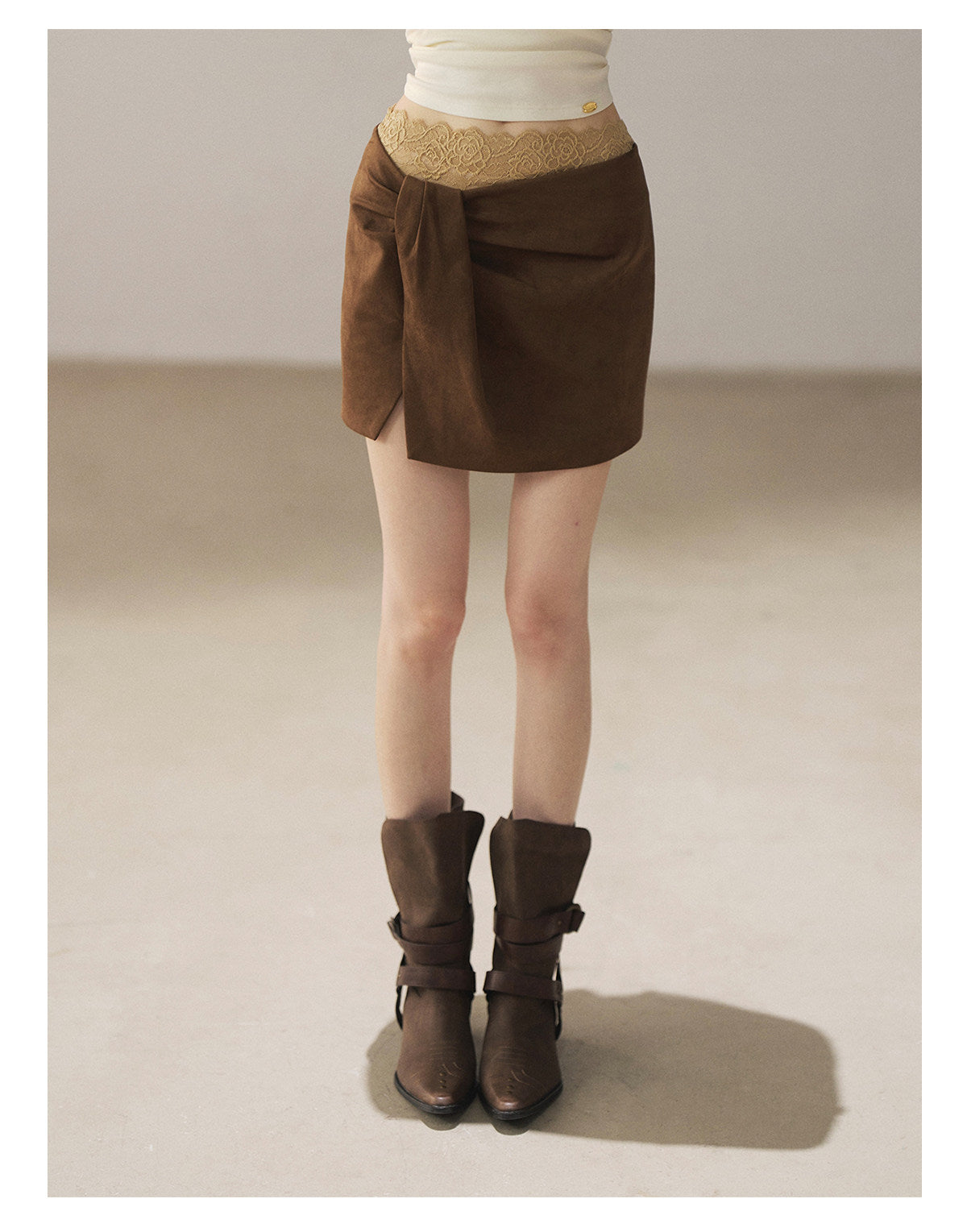 170726  "The Gentle Evening Breeze" Roasted Pecan Lace-Trim Faux Layered Wrap Mini Skirt