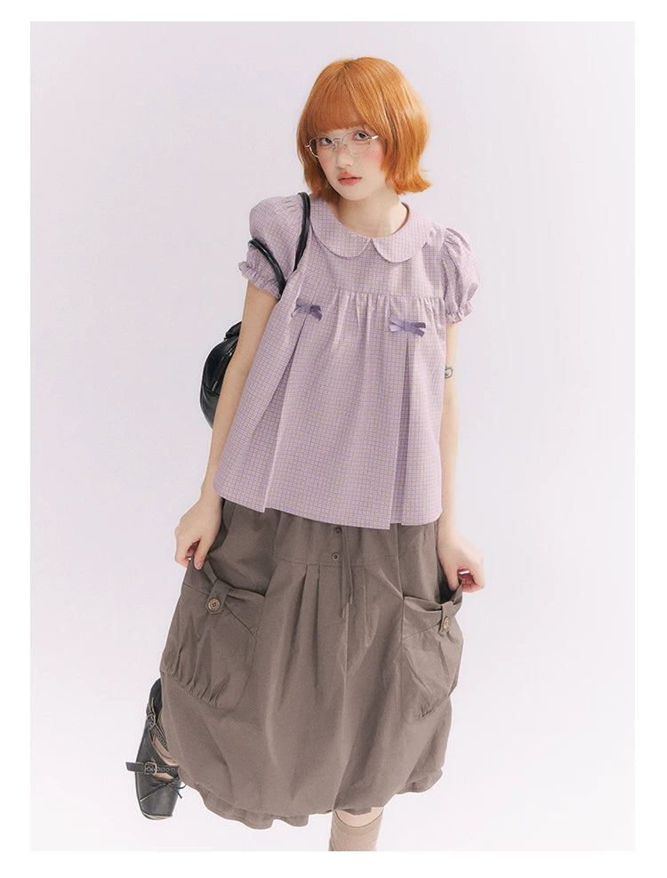 “Taro Milk Candy” Purple Plaid Bow Peter Pan Collar Puff Sleeve Blouse