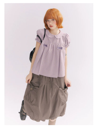 “Sweet & Cool Girl” Taupe Bow Drawstring High-Waist A-Line Cargo Skirt