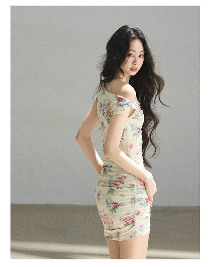 "Flowers & Sunlight" Dutch Cream Off-Shoulder Mesh Bodycon Mini Dress