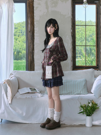 "Sage Whisper" Layered Vintage Collection (Plaid Shirt / Lace Cami / High-Waist Skirt)