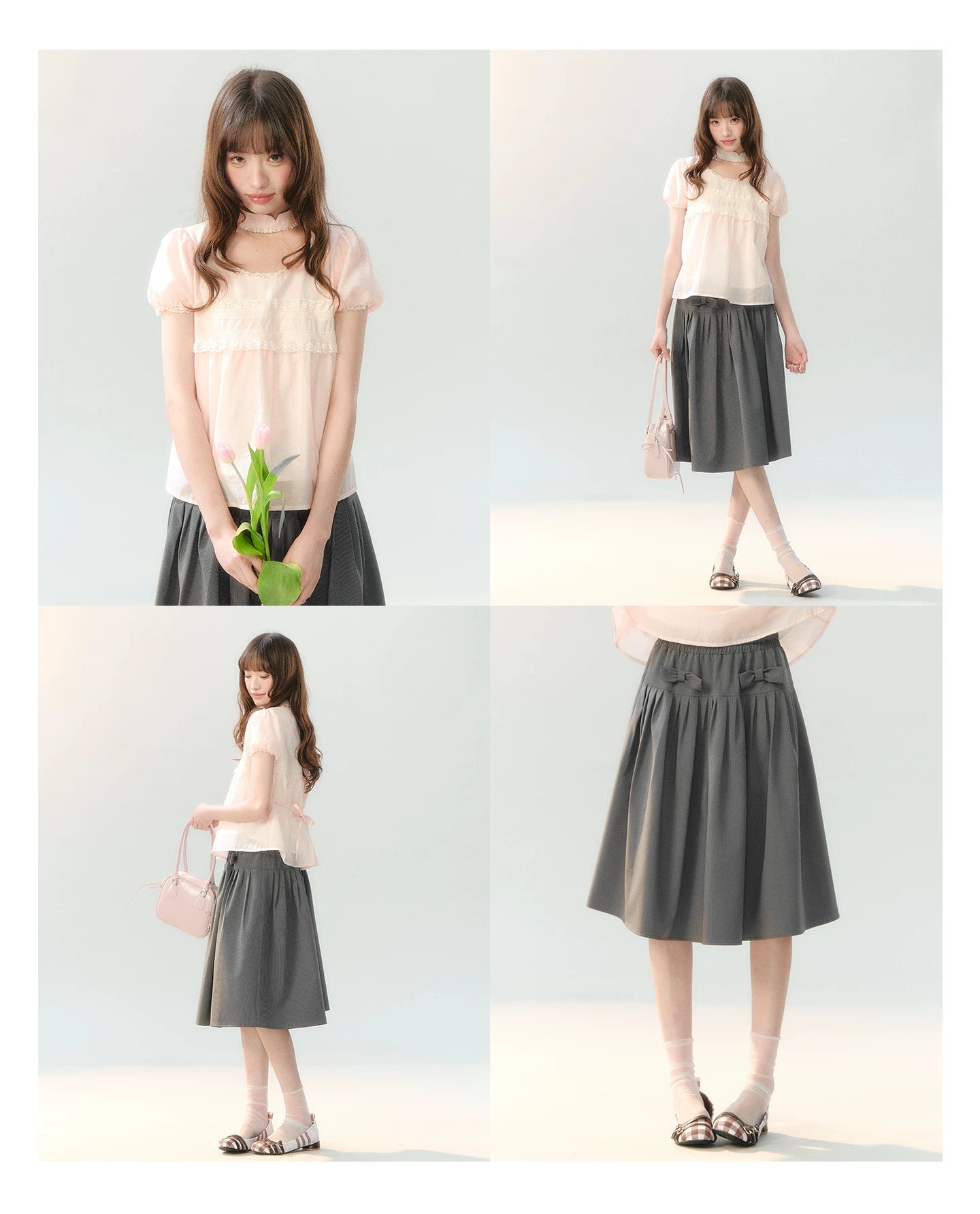 "Cloud Gray Sweet Pleats" Gray Stripe Bow Pleated Skirt LL2026219