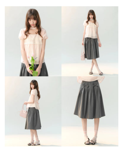 "Cloud Gray Sweet Pleats" Gray Stripe Bow Pleated Skirt LL2026219