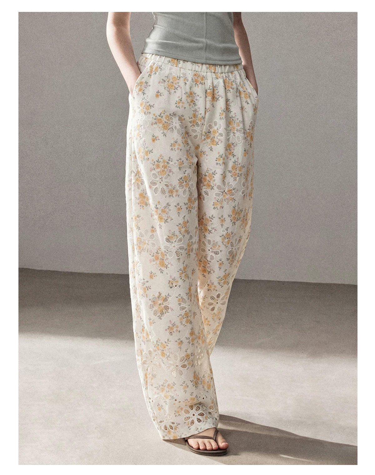 AOMALM - "A Cloud in Bloom" Primrose Yellow Floral Embroidered Lace Wide-Leg Pants