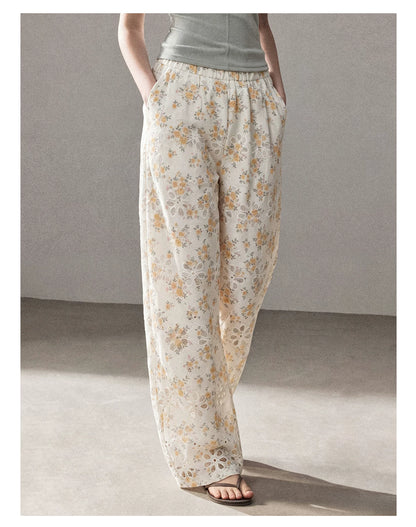 AOMALM - "A Cloud in Bloom" Primrose Yellow Floral Embroidered Lace Wide-Leg Pants