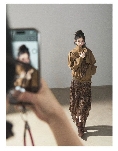 AOMALM - “Acorn & Fallen Leaves” Korean Leopard Print Chestnut Brown Faux Suede Jacket