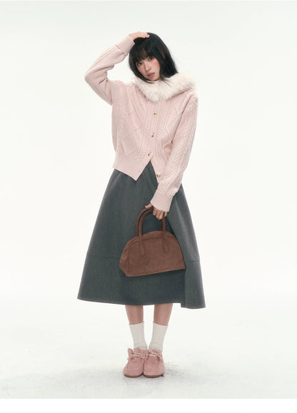[CAN] Cable Knit Hooded Cardigan (Navy / Dusty Pink)