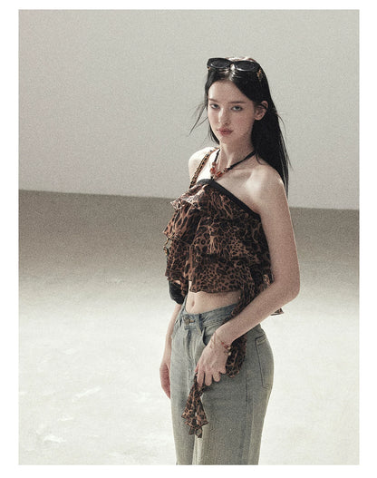 "Chasing the Sunset" Chestnut Brown Leopard Halter Ruffle Crop Top
