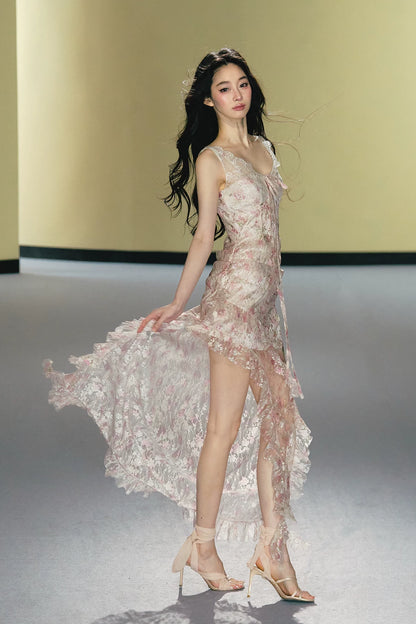 "Blush Mirage" Floral Lace Slip Maxi Dress