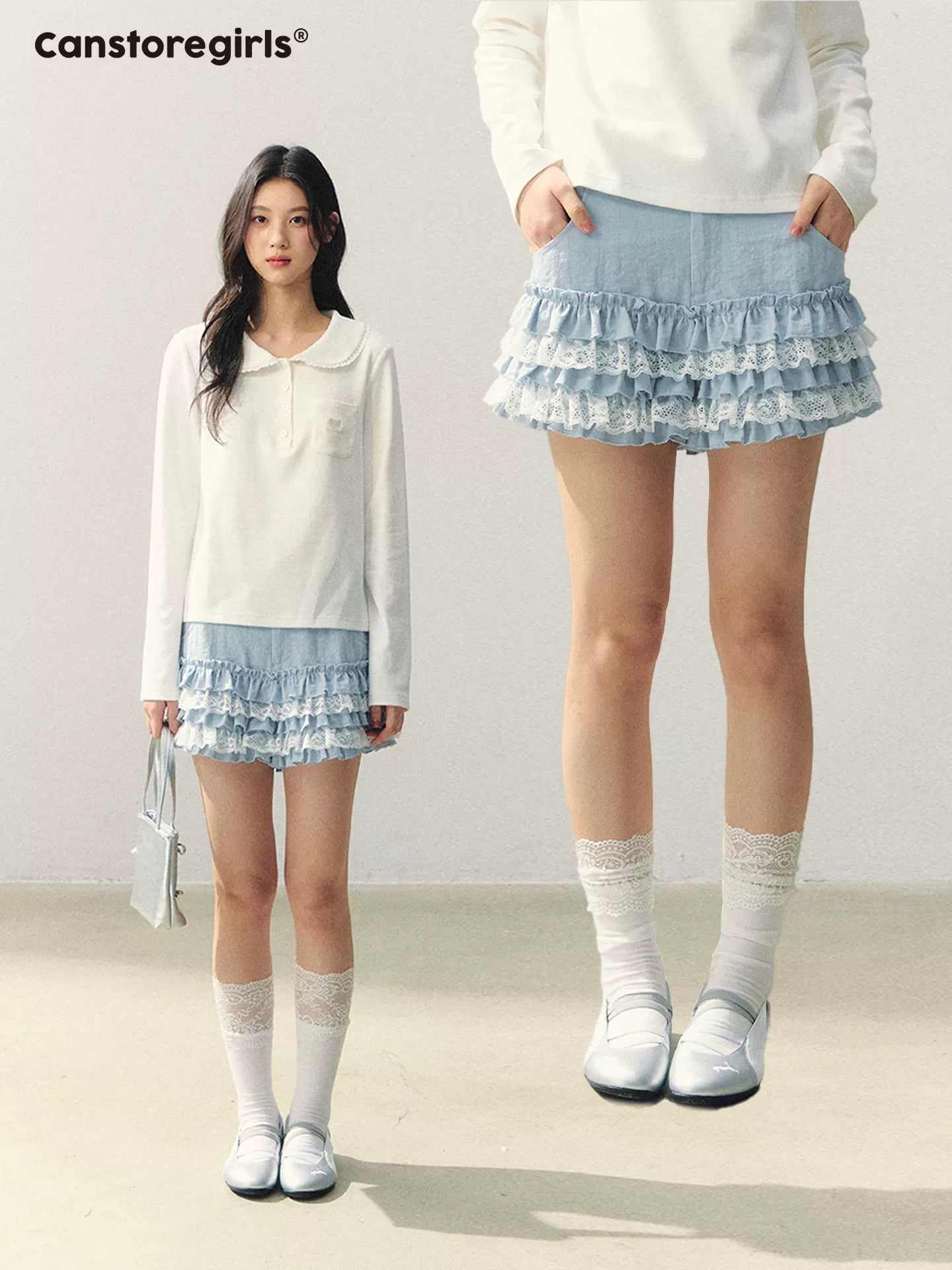 "Sea Salt Cream Mood" Lace Trim Cake Shorts LL2026029