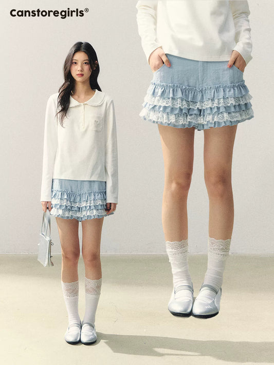 "Sea Salt Cream Mood" Lace Trim Cake Shorts LL2026029