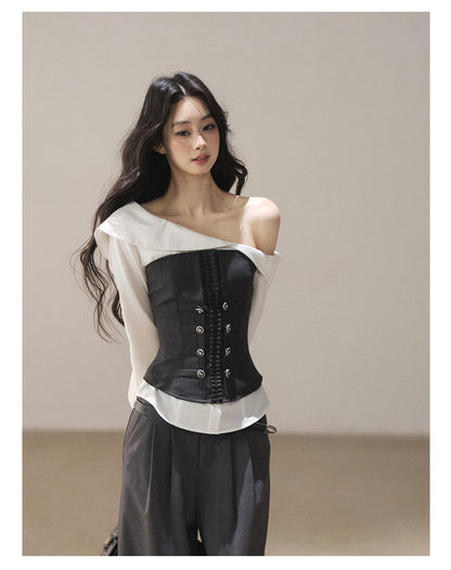 170726 "Where the Sea Breeze Finds Me" Deep Slate Bustier & Pure White Layered Shirt Set