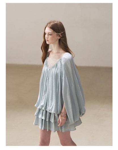 170726 "Falling Into Jacaranda Dreams" Misty Blue Lace Bubble Mini Dress with Shorts