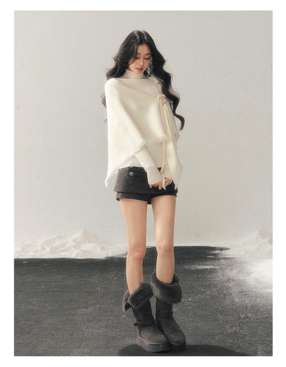 少也眼 "Speechless Under the Full Moon" Camellia White French Turtleneck Knit & Shawl Set