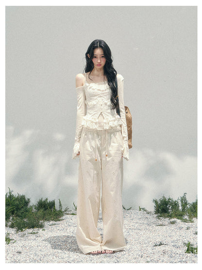 少也眼 “Lace Over the Shoulder” Asymmetrical Layered Lace Long Sleeve Top 45635485