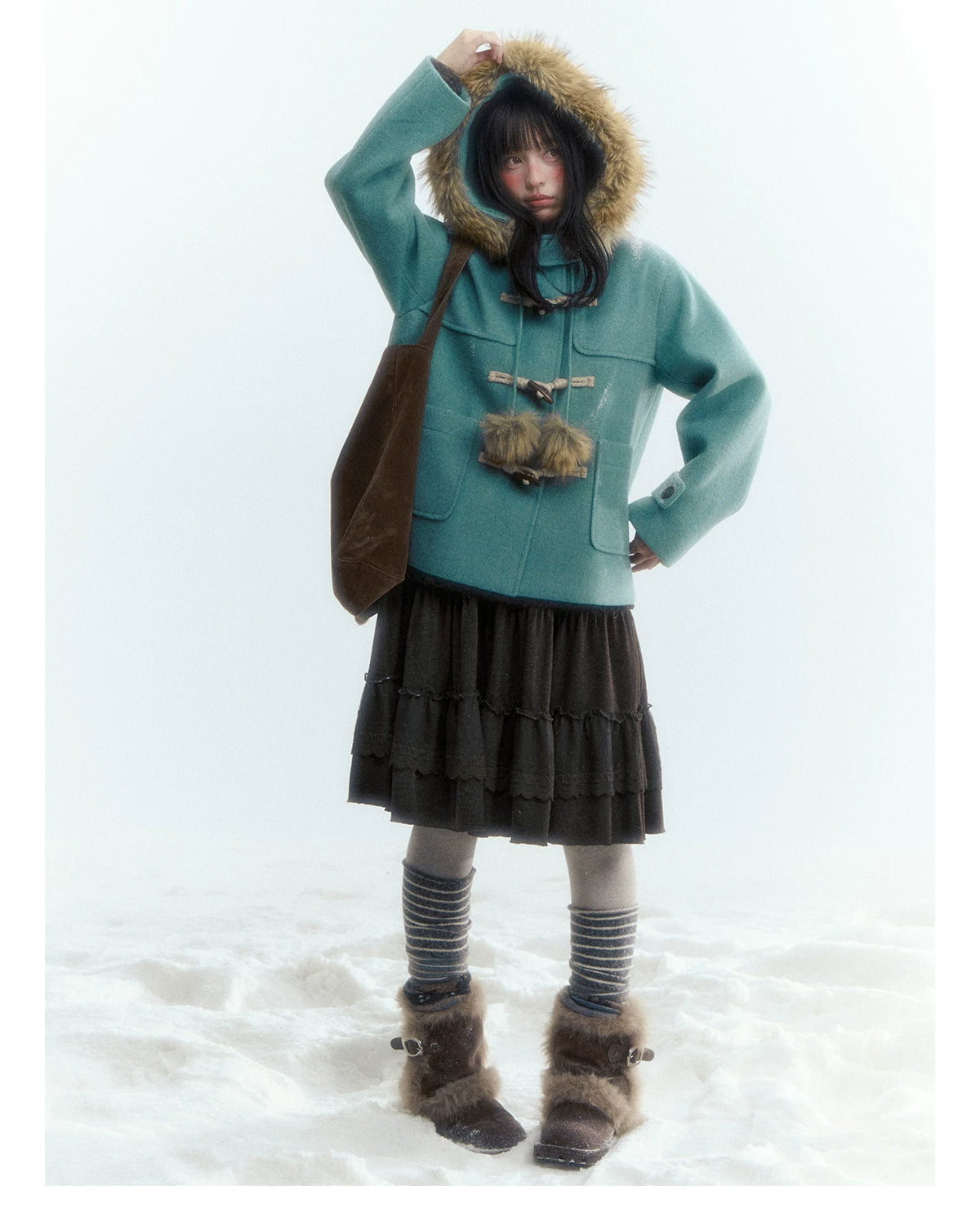Horridale - Preppy Hooded Wool-Blend Duffle Coat with Pom-Pom Details – Blue Green