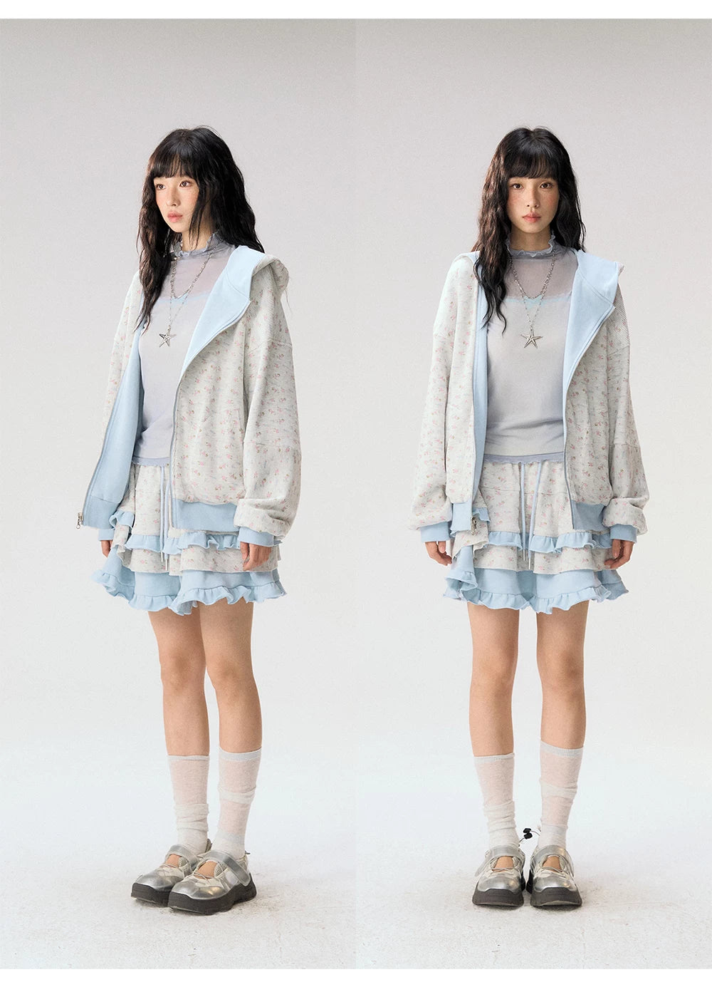 [CAN] "Misty Blue Floral Reverie" Light Blue Floral Set (Reversible Jacket / Sweatpants / Tiered Skirt)