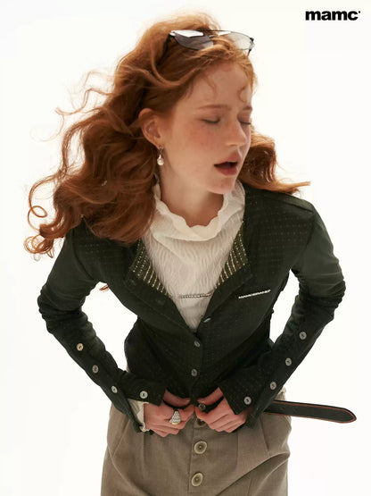 MAMC - Green Textured Jacquard Knit Cardigan with Decorative Buttons
