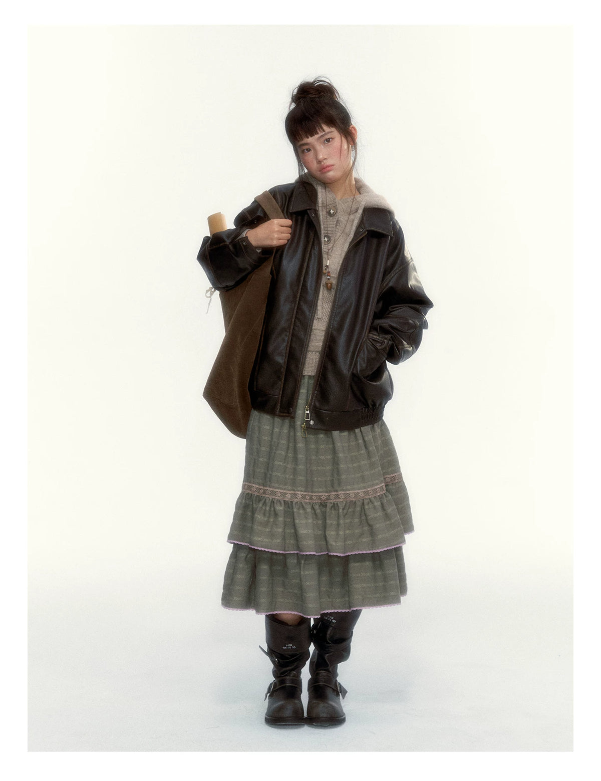 Dried Grass Green Vintage Lace Tiered A-Line Skirt