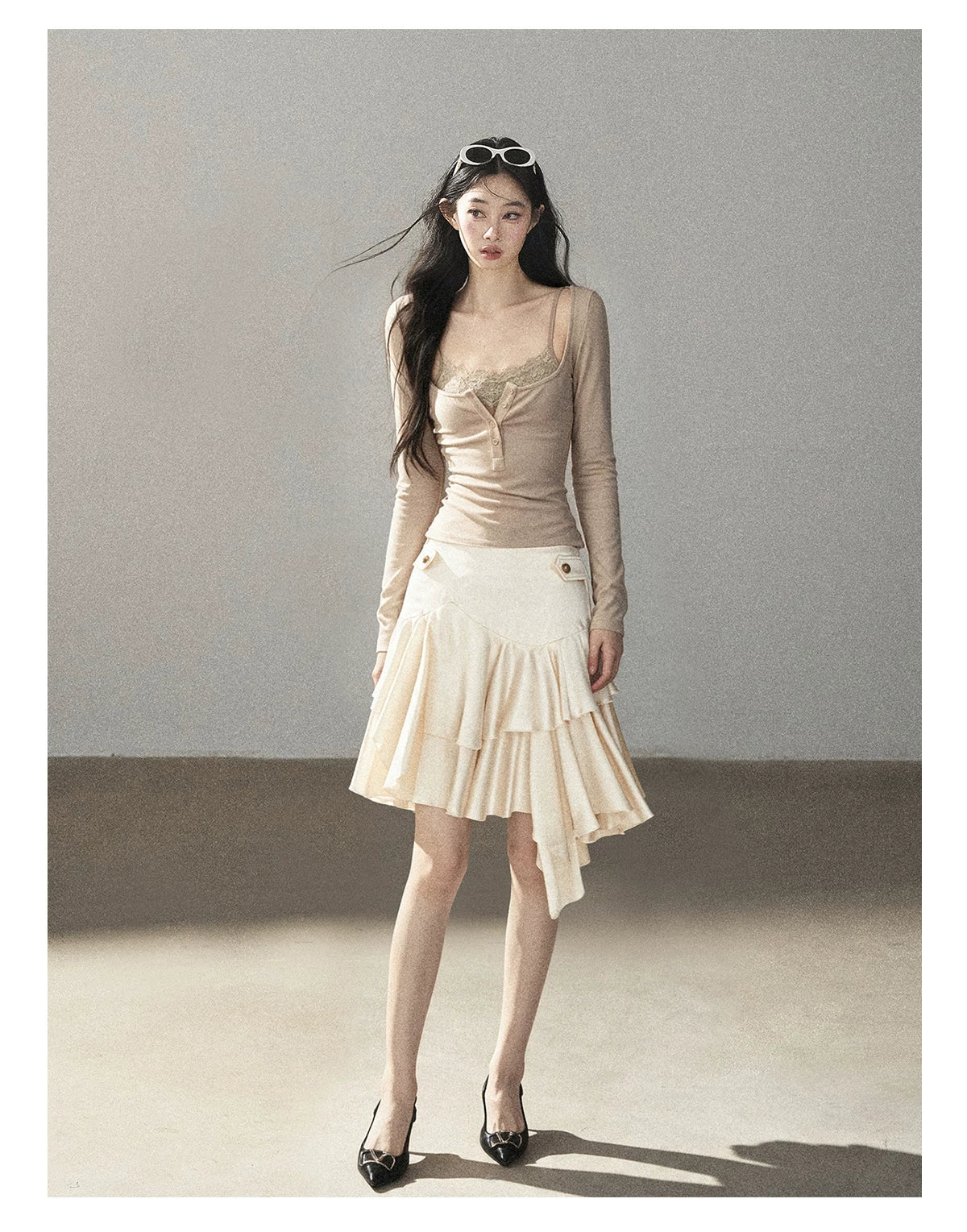 AOMALM - "Dappled Tree Shadows" Oat Beige Korean Lace Camisole Long-Sleeve Top Set