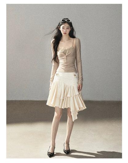 AOMALM - "Dappled Tree Shadows" Oat Beige Korean Lace Camisole Long-Sleeve Top Set