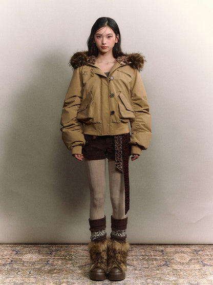 Soote Season - Studded Aviator Hooded Down Jacket with Faux Fur Collar