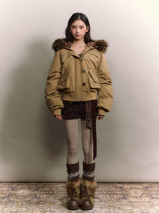 Soote Season - Studded Aviator Hooded Down Jacket with Faux Fur Collar