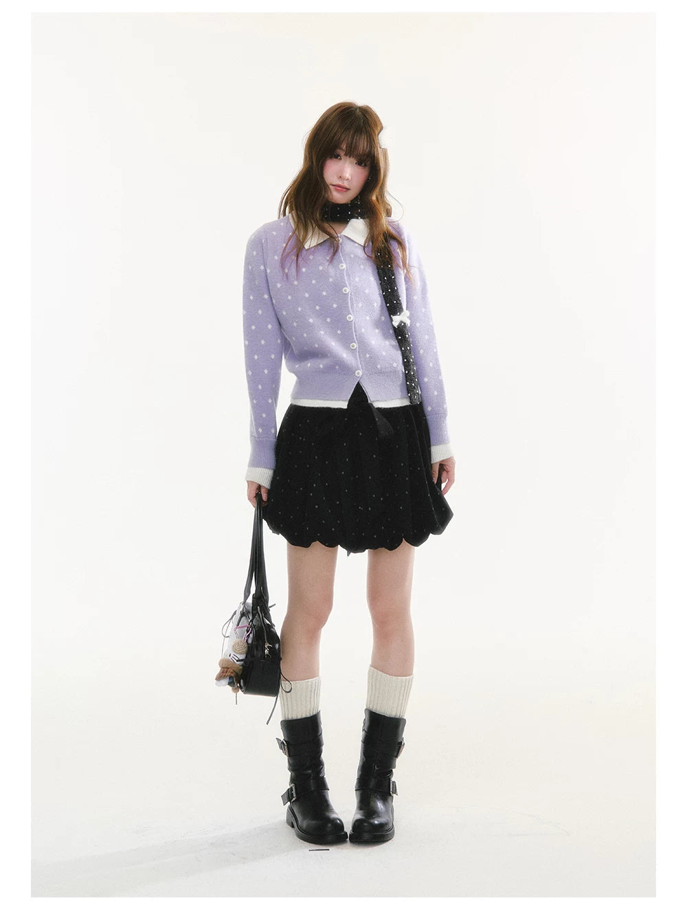 CREAMO2 - Polka Dot Knit Cardigan with Contrast Collar (Purple / Navy)