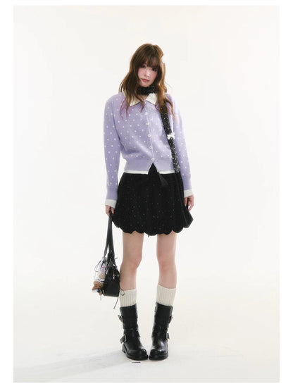 CREAMO2 - Polka Dot Knit Cardigan with Contrast Collar (Purple / Navy)