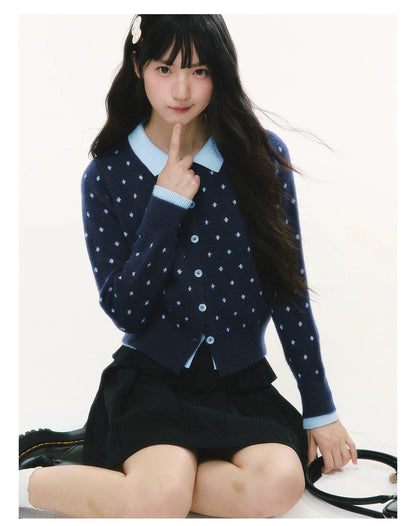 CREAMO2 - Polka Dot Knit Cardigan with Contrast Collar (Purple / Navy)