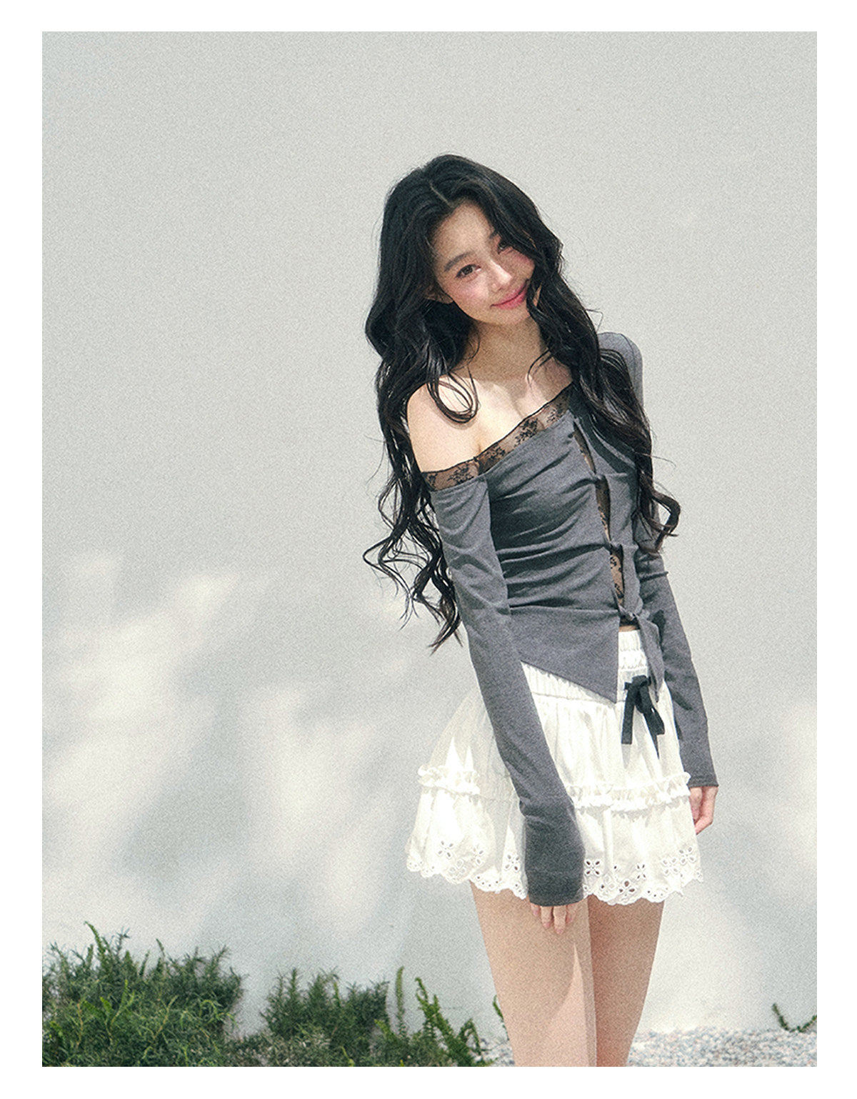 少也眼 “She Becomes Poetry in Motion” Layered One-Shoulder Lace Top - Deep Rock Gray 78967896