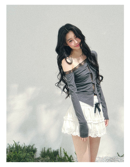 少也眼 “She Becomes Poetry in Motion” Layered One-Shoulder Lace Top - Deep Rock Gray 78967896